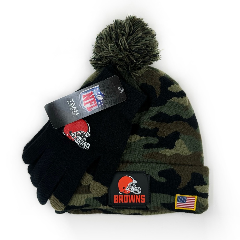 Cleveland Browns Camo Knit Winter Hat Beanie Gloves Set NFL Salute to Service